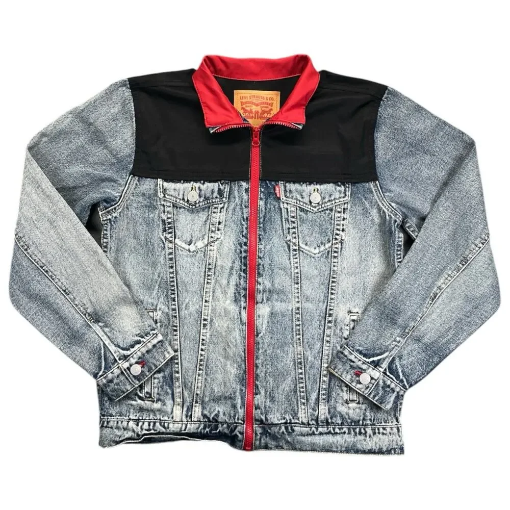 Levi’s Youth Large 12–13 Mixed Media Denim Trucker Jacket Nylon Yoke Red Zip
